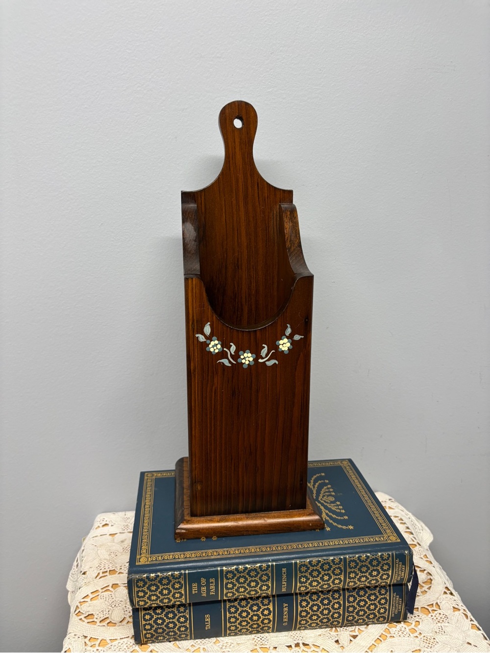 VINTAGE PRIMITIVE WOOD PIPE or Match BOX WALL HANGER with Floral Inlay